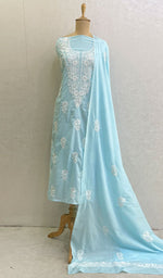 将图像加载到图库查看器中， Lakhnavi 手工制作的棉质 Chikankari Kurta 带 Dupatta 面料 - Honc0136581
