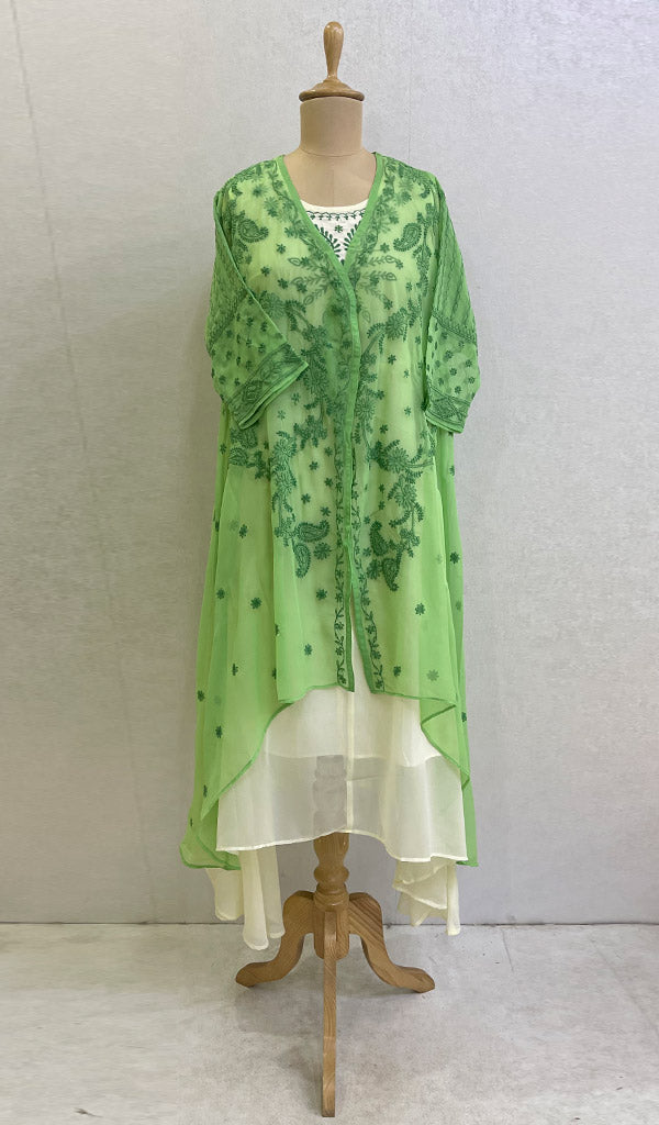 Lakhnavi 手工制作人造乔其纱 Chikankari 连衣裙 - HONC0137240