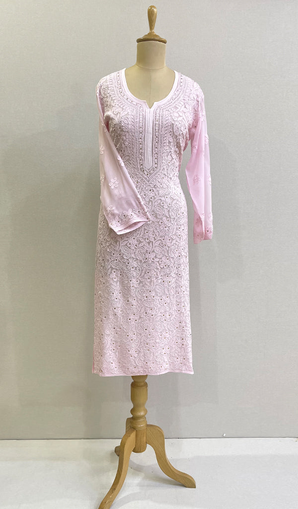 Fizaa Chikankari Long Kurta in Cotton for Women - White With Pink - House  Of Kari (Chikankari Clothing)