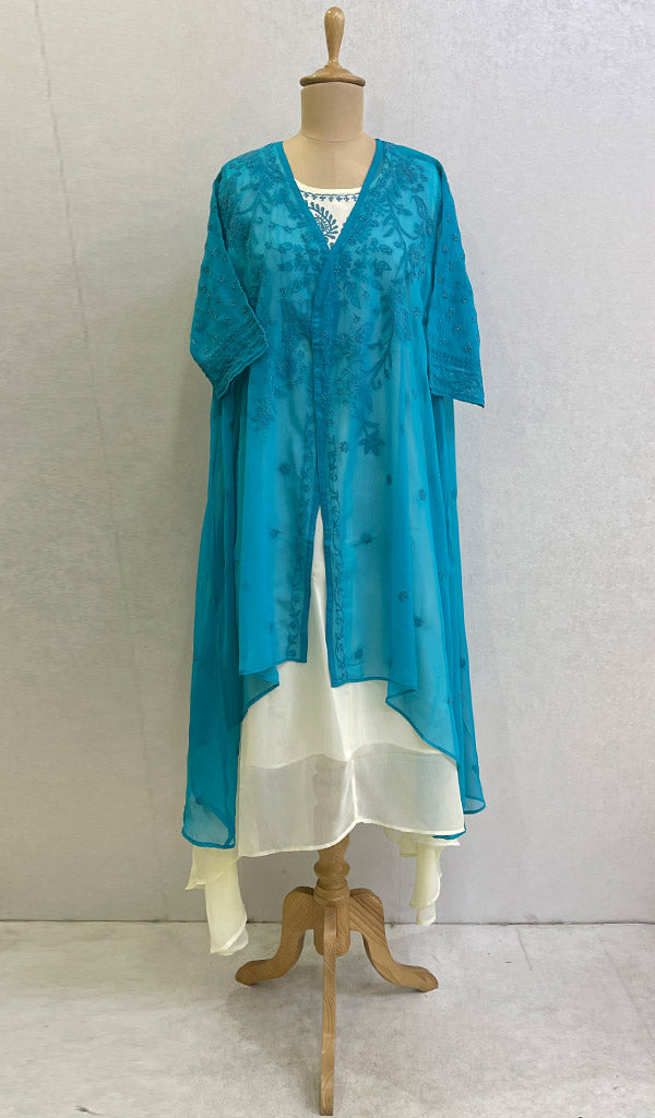 Lakhnavi 手工制作人造乔其纱 Chikankari 连衣裙 - HONC0137255