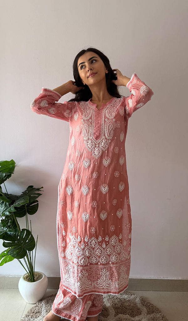 Women's Lucknowi Handcrafted Mul Chanderi Stitched Chikankari Kurta And Plazzo Set- HONC0378780