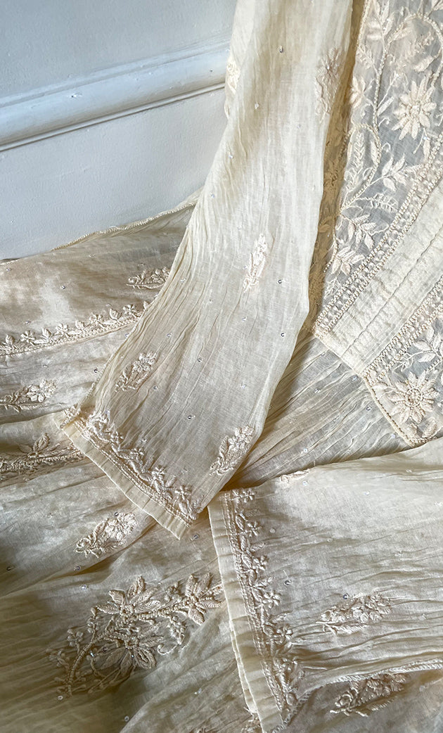 Women's Lakhnavi Handcrafted Mul Chanderi Semi - stitched Chikankari Full Suit Material - HONC0319556