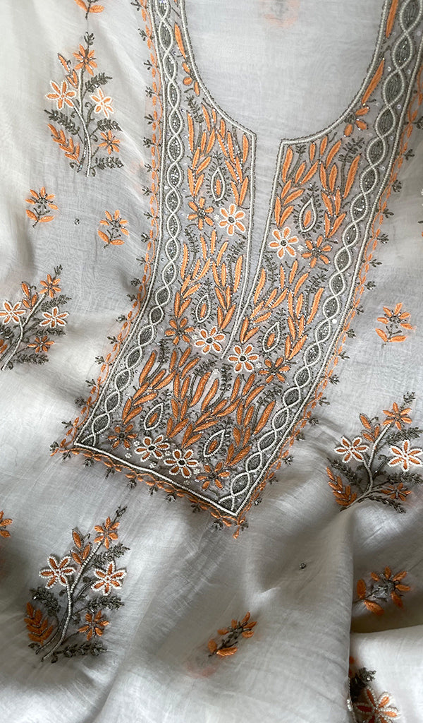 Women's Lakhnavi Handcrafted Mul Chanderi Unstitched Kurta And Dupatta Set- HONC0323582