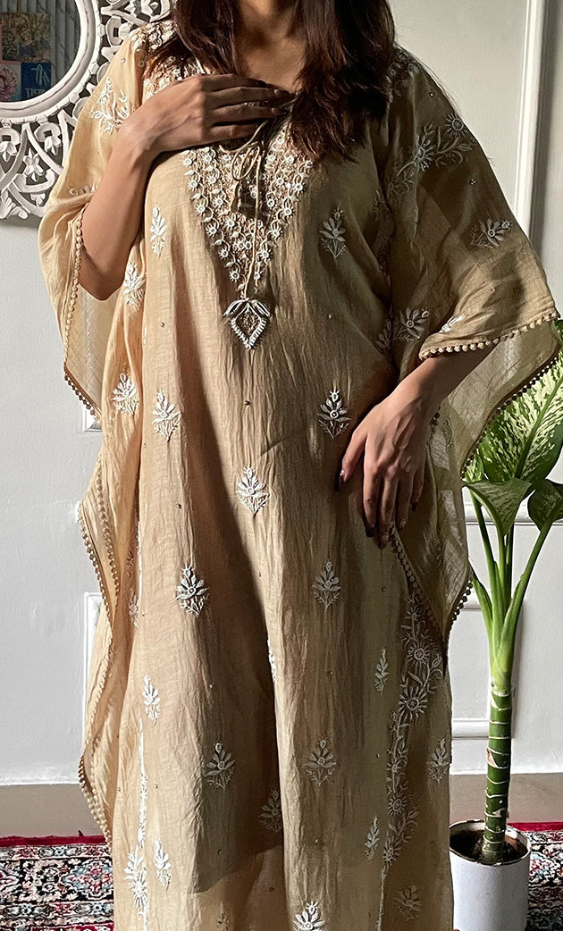 Women's Lucknowi Handcrafted Mul chanderi Chikankari Kaftan - HONC0121803