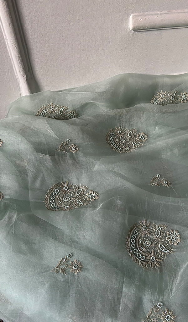 Women's Lakhnavi Handcrafted Pure Organza Chikankari Unstitched Kurta And Dupatta Set- HONC0329220