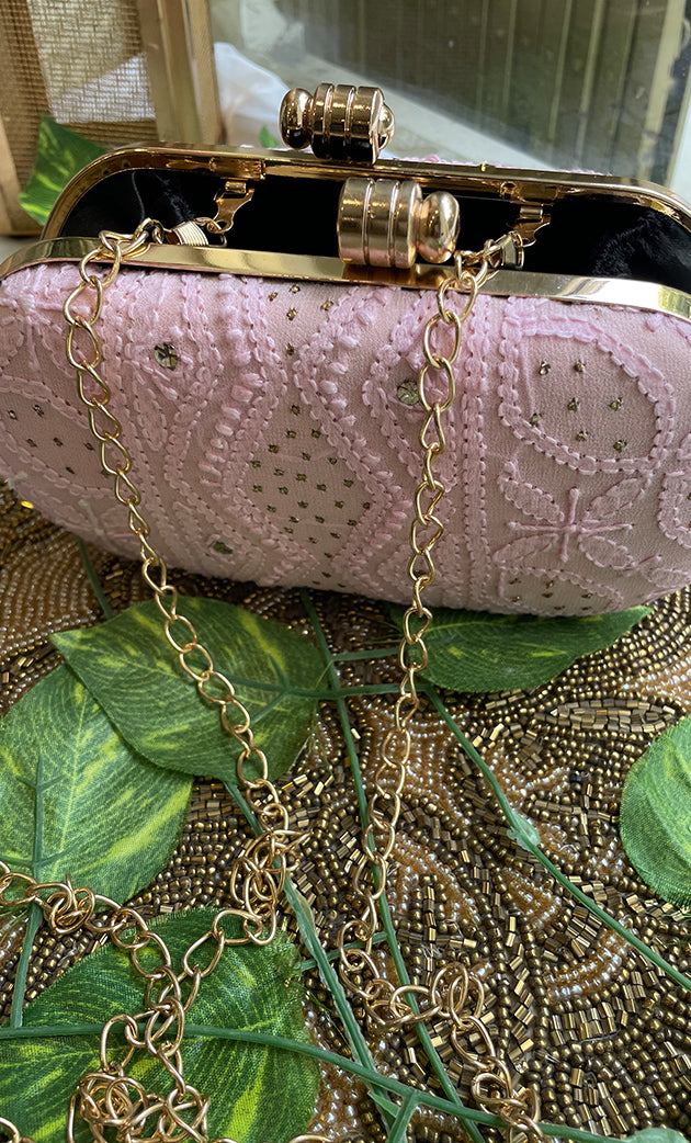 White Handcrafted Chikankari Clutch with Golden Chain - HONC0232419
