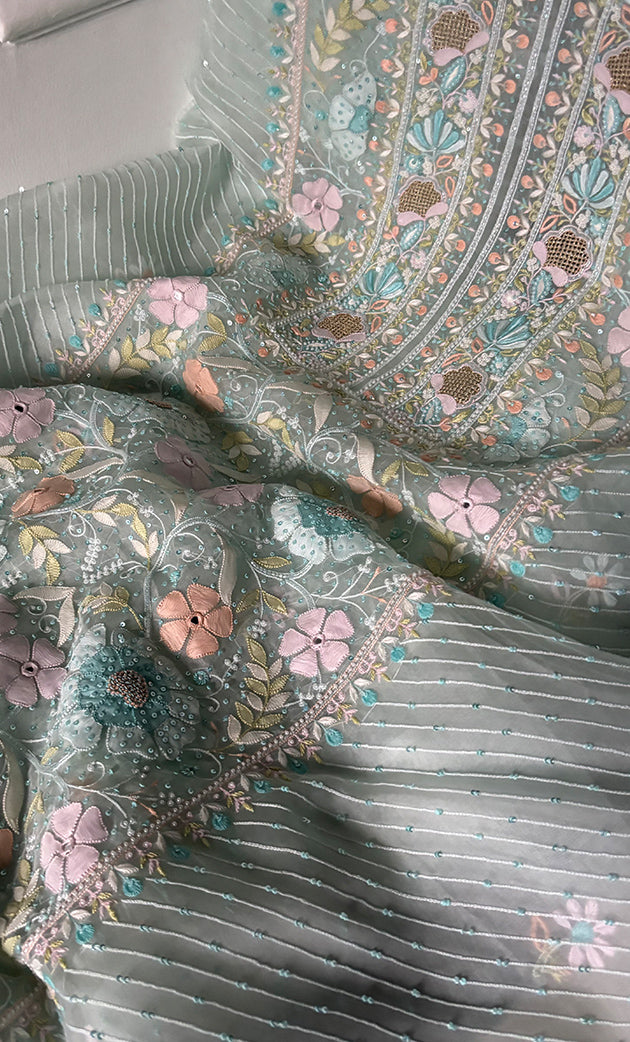 Women's Lakhnavi Handcrafted Pure Organza Chikankari Unstitched Kurta And Dupatta Set- HONC0323650