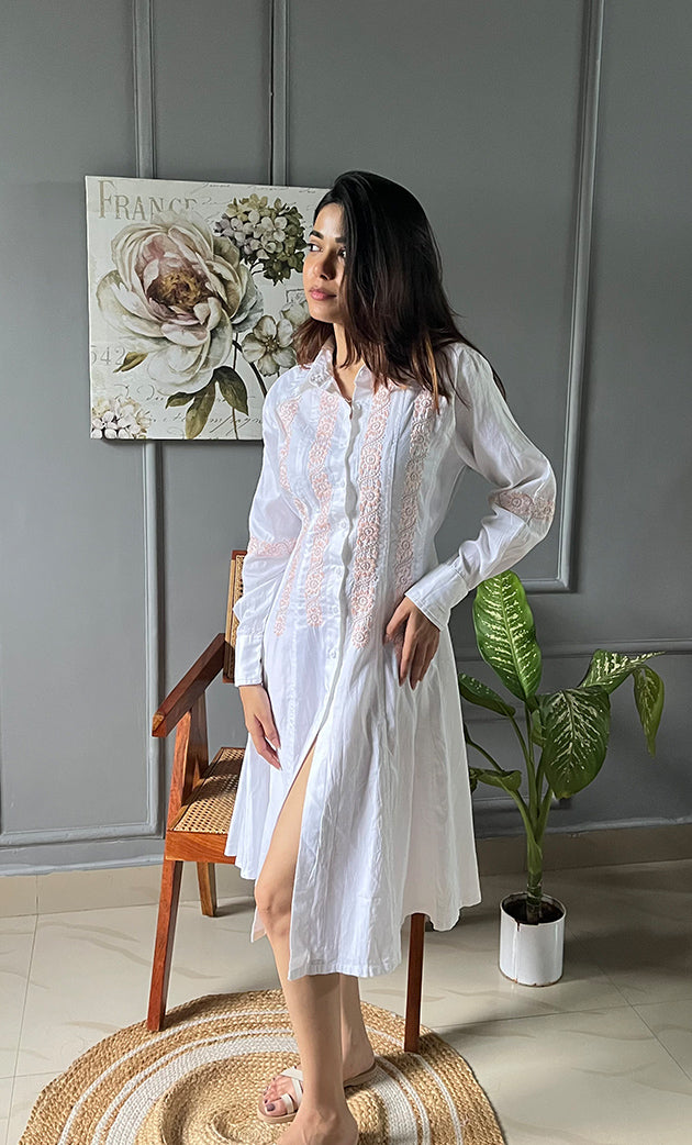 Niyat Women's Lucknowi Handcrafted Cotton Chikankari Long Dress - HONC0303751