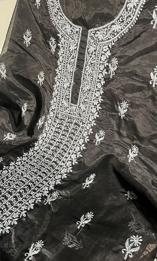 Charvi Women's Lakhnavi Handcrafted Organza Chikankari Unstitched Kurti Fabric - HONC0336177