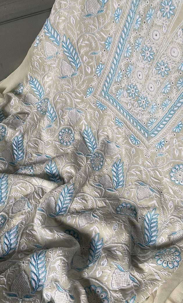 Women's Lakhnavi Handcrafted Pure Silk Georgette Chikankari Kurta And Dupatta Set - HONC0295347
