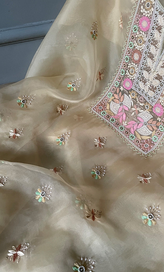 Women's Lakhnavi Handcrafted Pure Organza Chikankari Unstitched Kurta And Dupatta Set- HONC0267234
