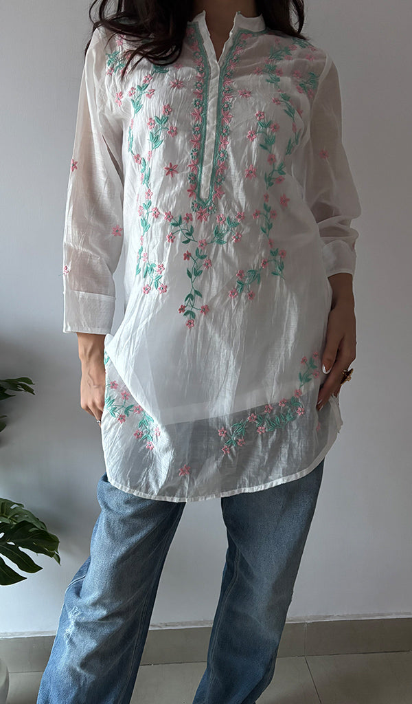 Sophia Women's Lakhnavi Handcrafted Mul Chanderi Chikankari Top - HONC0372965