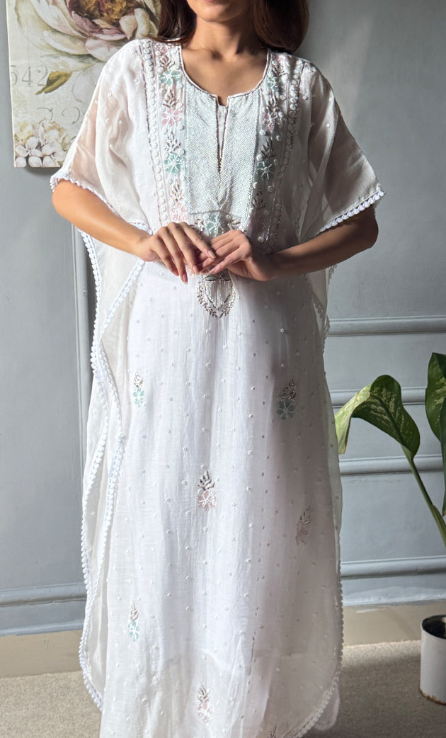 Rabia Women's Lucknowi Handcrafted Mul chanderi Chikankari Kaftan - HONC0301648