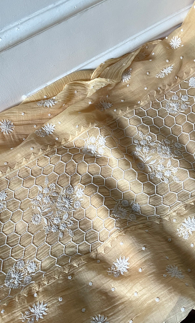 Women's Lakhnavi Handcrafted Mul Chanderi Semi-Stitched Kurta And Dupatta Set - HONC0307410