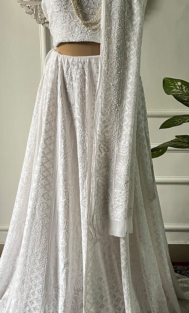 Women's Lakhnavi Handcrafted Bridal Viscose Georgette Chikankari Lehenga Set - HONC0242217