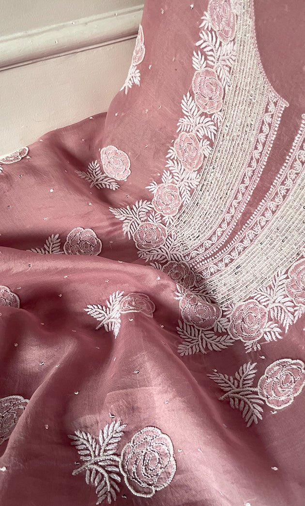 Women's Lakhnavi Handcrafted Pure Organza Chikankari Unstitched Kurta And Dupatta Set- HONC0292518