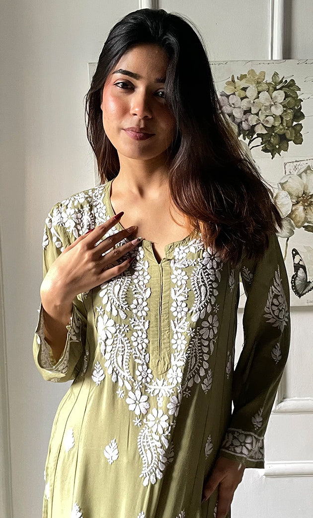 Women's Lucknowi Handcrafted Modal Cotton Chikankari Anarkali Dress - HONC0303897