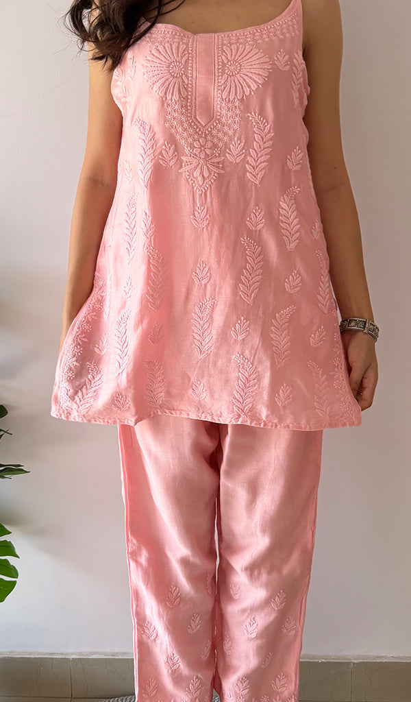 Amreena Women's Lakhnavi Handcrafted Chanderi Silk Chikankari Top And Pant Set - HONC0373514
