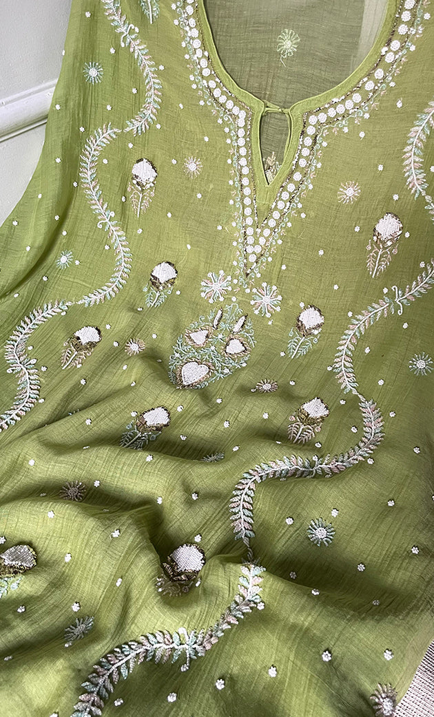 Rabia Women's Lucknowi Handcrafted Mul chanderi Chikankari Kaftan - HONC0311996