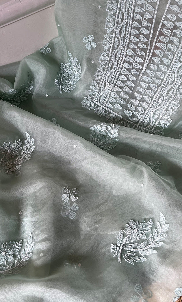 Women's Lakhnavi Handcrafted Organza Chikankari Unstitched Full Suit Material - HONC0287038