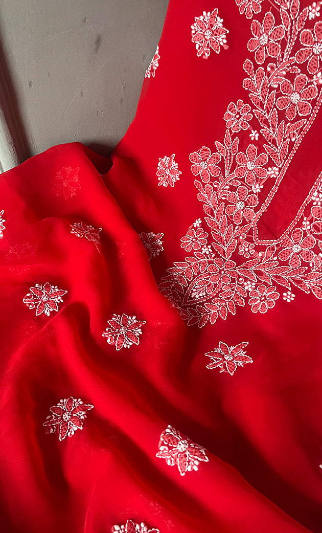 Women's Lakhnavi Handcrafted Unstitched Faux-Georgette Chikankari Suit Material - HONC0311924