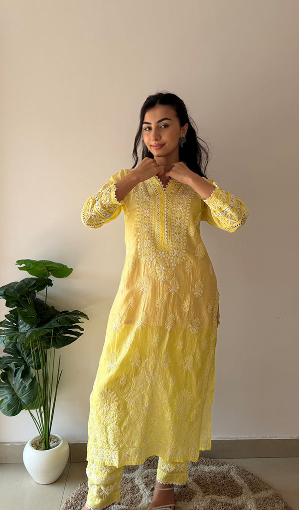 Women's Lucknowi Handcrafted Mul Chanderi Stitched Chikankari Kurta And Plazzo Set- HONC0378802