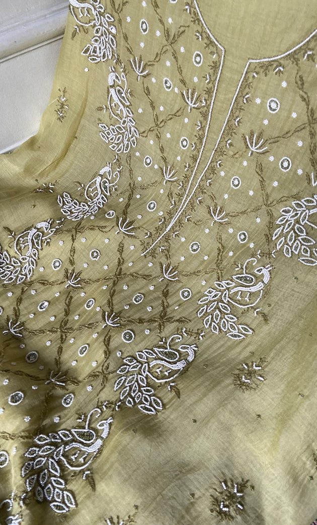 Women's Lakhnavi Handcrafted Mul Chanderi Unstitched Chikankari Full Suit Material - HONC0339571