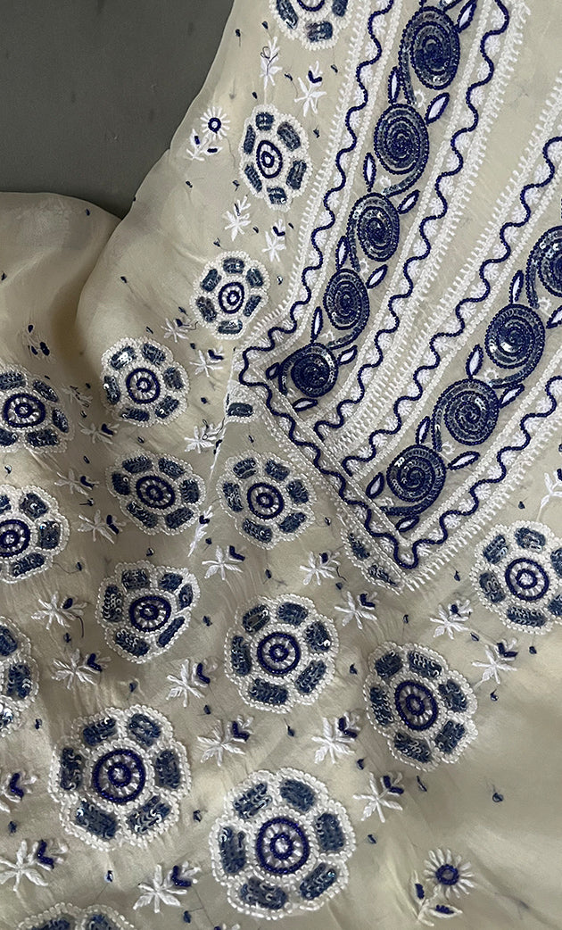 Women's Lakhnavi Handcrafted Pure Organza Chikankari Unstitched Kurta And Dupatta Set- HONC0310886