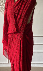 Load image into Gallery viewer, Women's Lakhnavi Handcrafted Pure Silk Georgette Chikankari Saree - HONC0286873