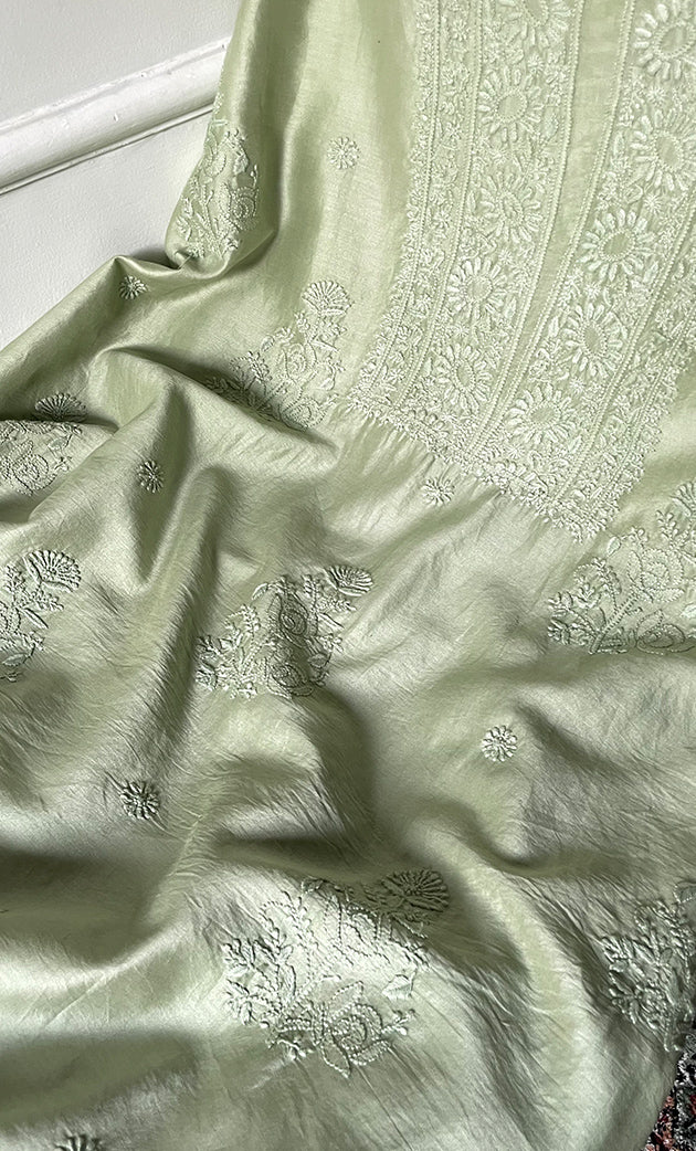 Women's Lucknowi Handcrafted Unstitched Chanderi Silk Chikankari Full Suit Material - HONC0322711