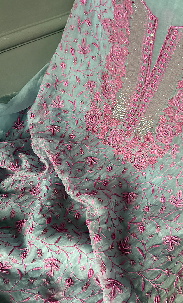 Women's Lakhnavi Handcrafted Pure Organza Chikankari Unstitched Kurta And Dupatta Set- HONC0274530