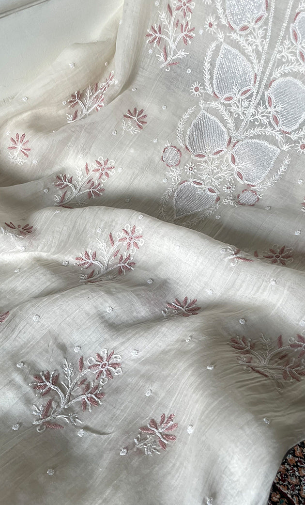 Women's Lakhnavi Handcrafted Unstitchd Mul Chanderi Kurta And Dupatta Set - HONC0319482