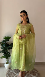 将图像加载到图库查看器中， Women's Lucknowi Handcrafted Pure Organza Silk Stitched Chikankari Kurta, Dupatta With Pant Set- HONC0368444