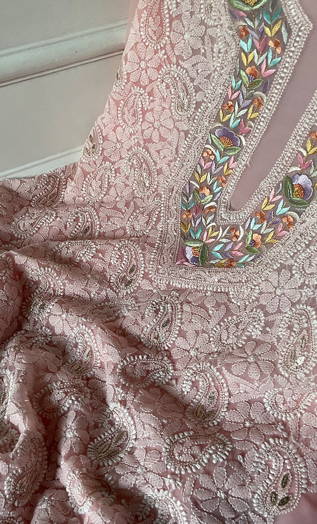 Women's Lakhnavi Handcrafted Unstitched Faux-Georgette Chikankari Suit Material - HONC0291829