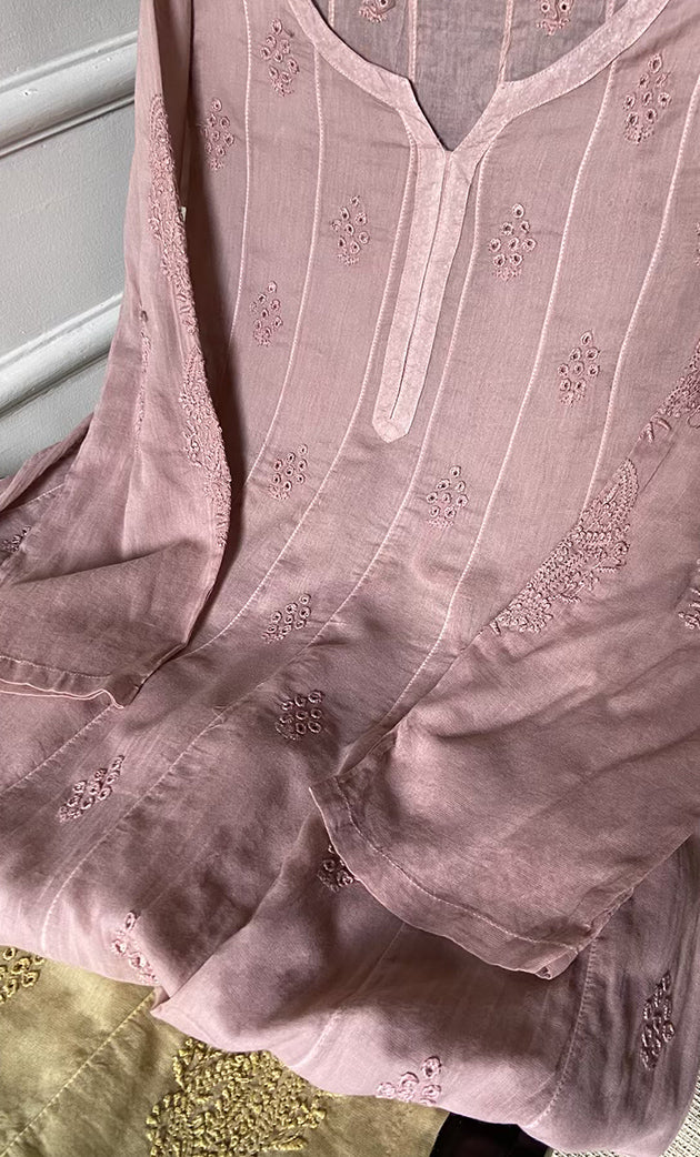 Alamzaib Women's Lucknowi Handcrafted Cotton Chikankari Anarkali Dress - HONC0206775