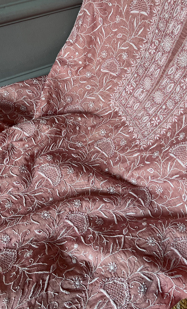 Women's Lakhnavi Handcrafted Munga Silk Unstitched Chikankari Kurta And Dupatta Set- HONC0267021