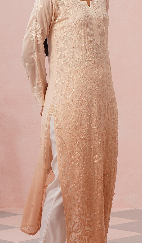 Safiya Women's Lakhnavi Handcrafted Viscose Georgette Chikankari Kurti - HONC0574952
