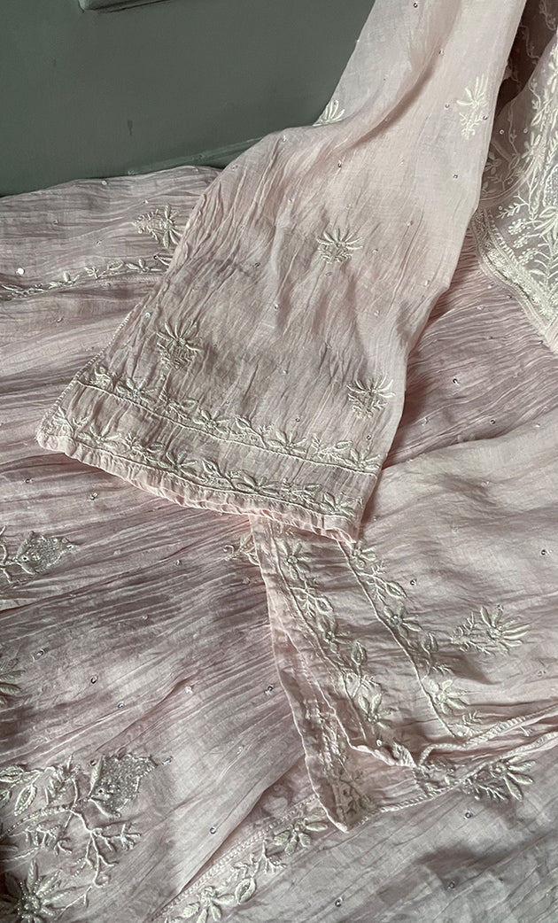Women's Lakhnavi Handcrafted Mul Chanderi Semi - stitched Kurta And Dupatta Set- HONC0294456