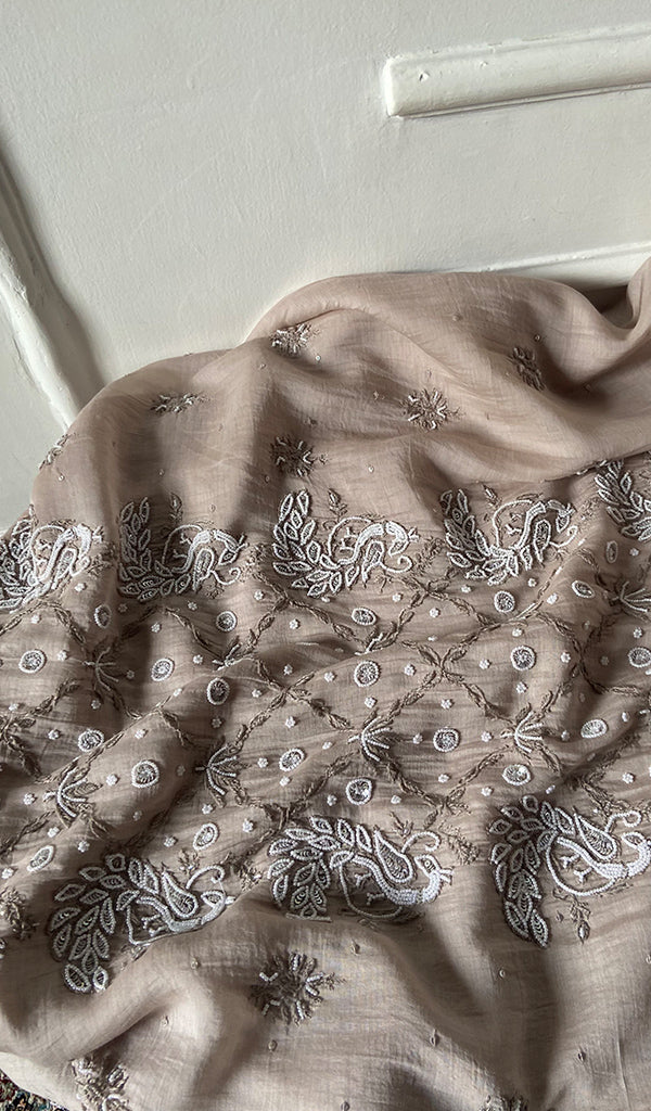 Women's Lakhnavi Handcrafted Mul Chanderi  Unstitched Chikankari Full Suit Material - HONC0339568