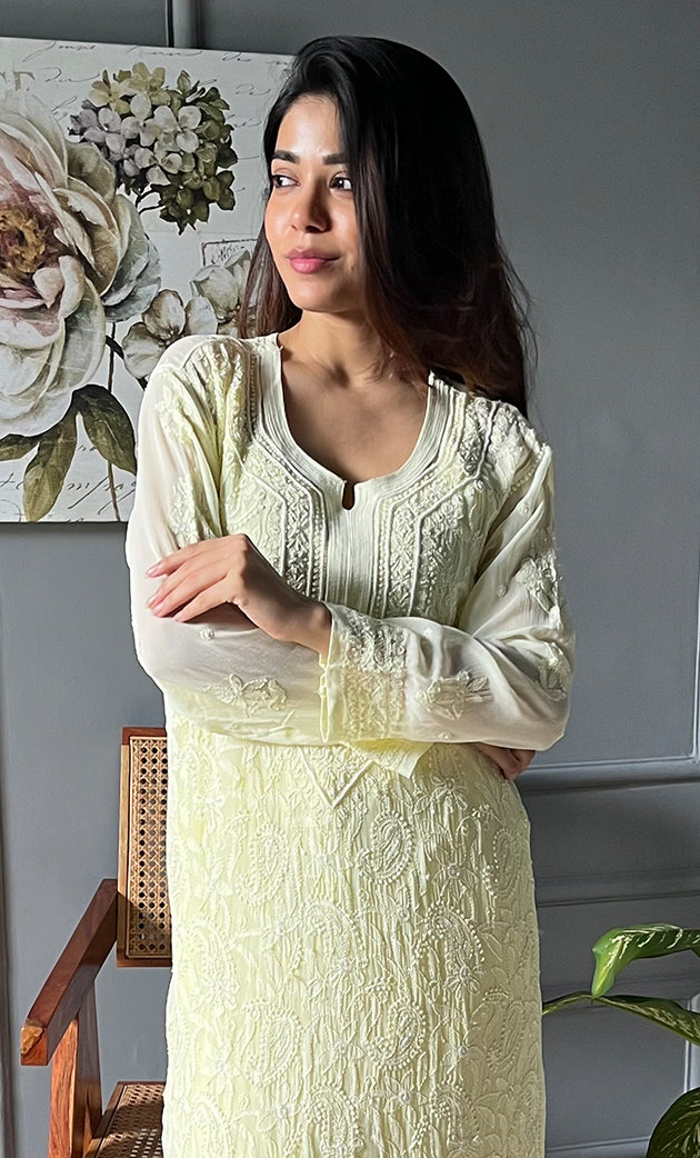 Women's Lakhnavi Handcrafted Viscose Georgette Chikankari Kurti- HONC0290136