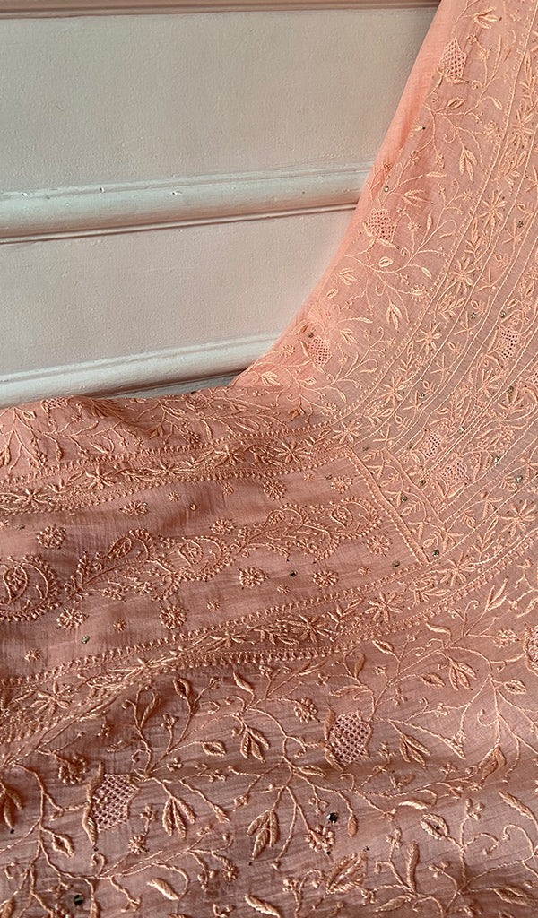 Women's Lakhnavi Handcrafted Mul Chanderi Unstitched Chikankari Full Suit Material - HONC0278932