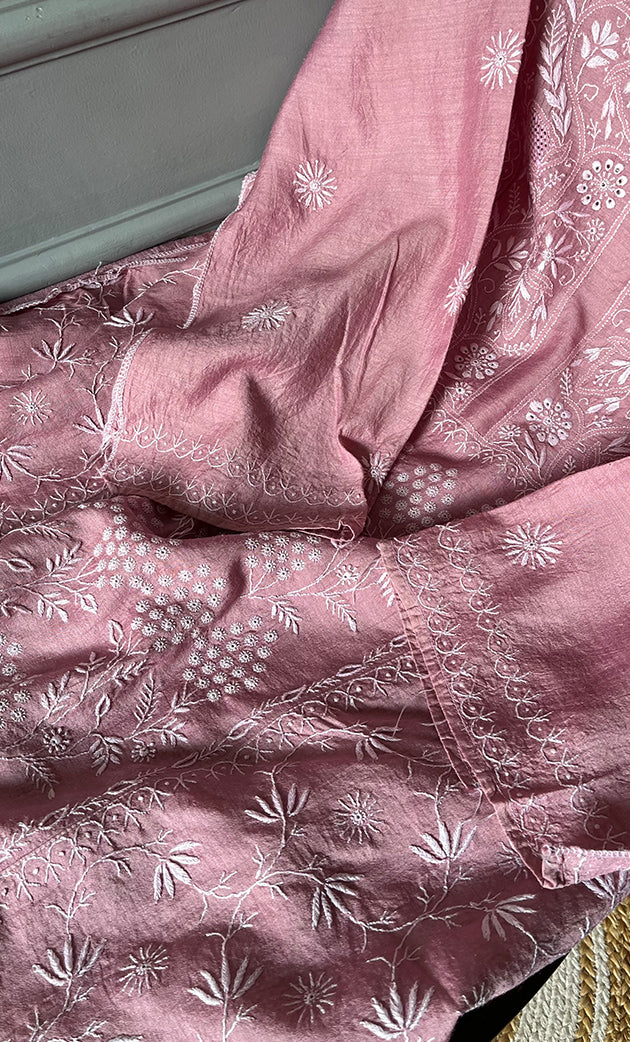 Women's Lakhnavi Handcrafted Munga Silk Semi - Stitched Chikankari Kurta And Dupatta Set- HONC0265424