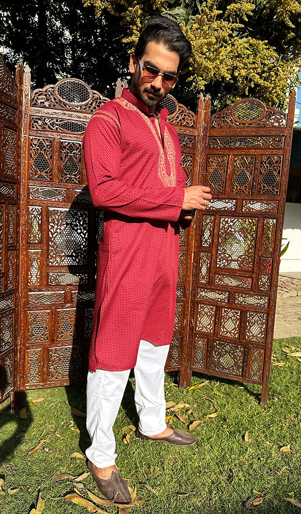 Men's Lucknowi Handcrafted Cotton Chikankari Kurta - HONC0237353