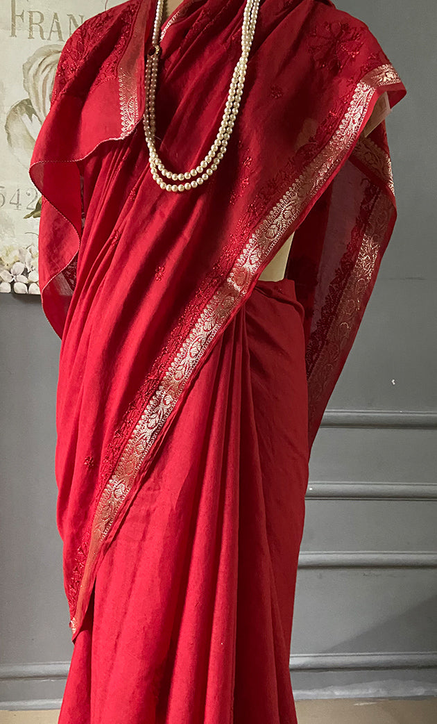 Women's Lakhnavi Handcrafted Chanderi Silk Chikankari Saree - HONC0307132