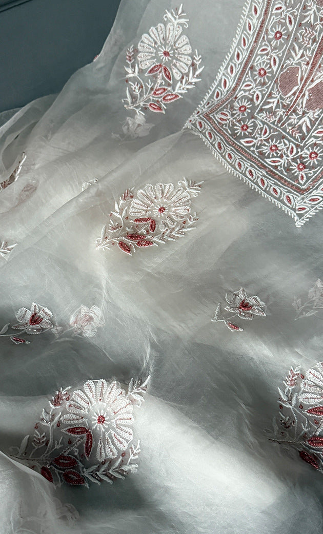 Women's Lakhnavi Handcrafted Pure Organza Chikankari Unstitched Kurta And Dupatta Set- HONC0307959