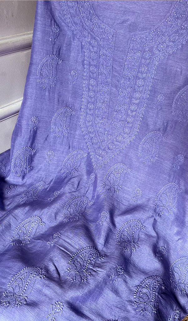 Women's Lakhnavi Handcrafted Raw Silk Chikankari Unstitched Kurti Fabric - HONC0278430