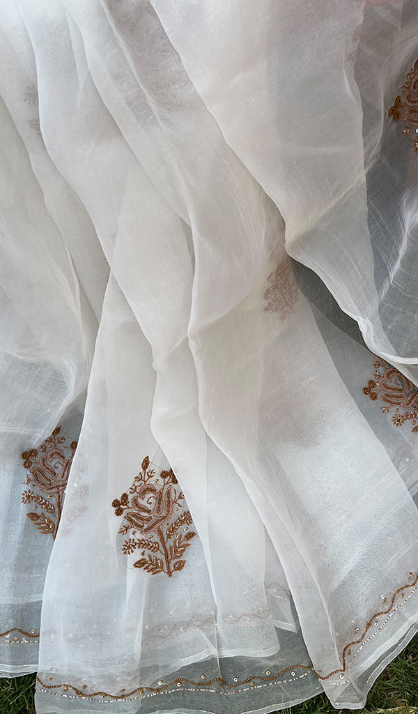 Women's Lucknowi Handcrafted Pure Organza Silk Chikankari SAREE - HONC0270079