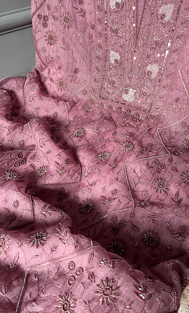 Women's Lakhnavi Handcrafted Pure Organza Chikankari Unstitched Kurta And Dupatta Set- HONC0274532