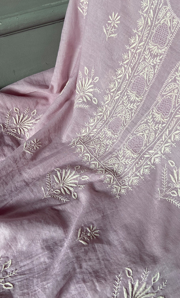 Women's Lakhnavi Handcrafted Mul Chanderi Unstitched Chikankari Full Suit Material - HONC0305158