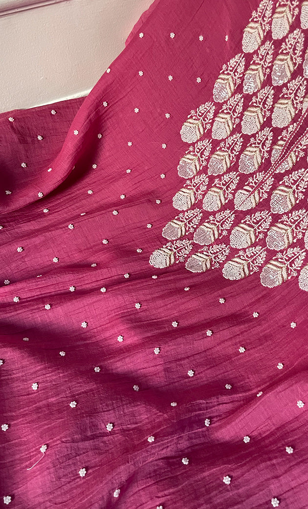 Jazba Women's Lakhnavi Handcrafted Mul Chanderi UnStitched Kurta And Dupatta Set - HONC0318608